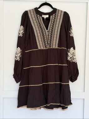 Hale Bob Black Long-Sleeve Embroidered Dress